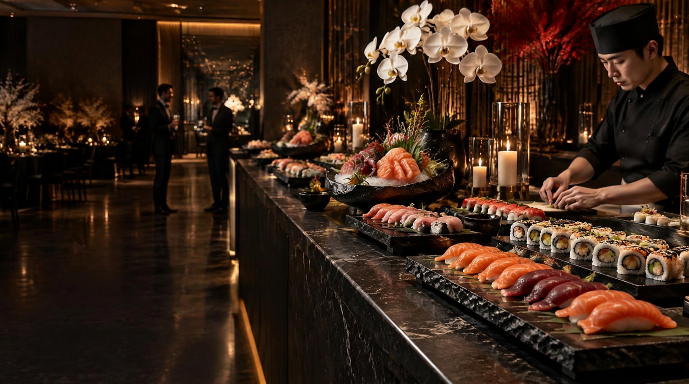 Elegant catered sushi bar with a chef, abundant sushi platters, orchids and candlelight